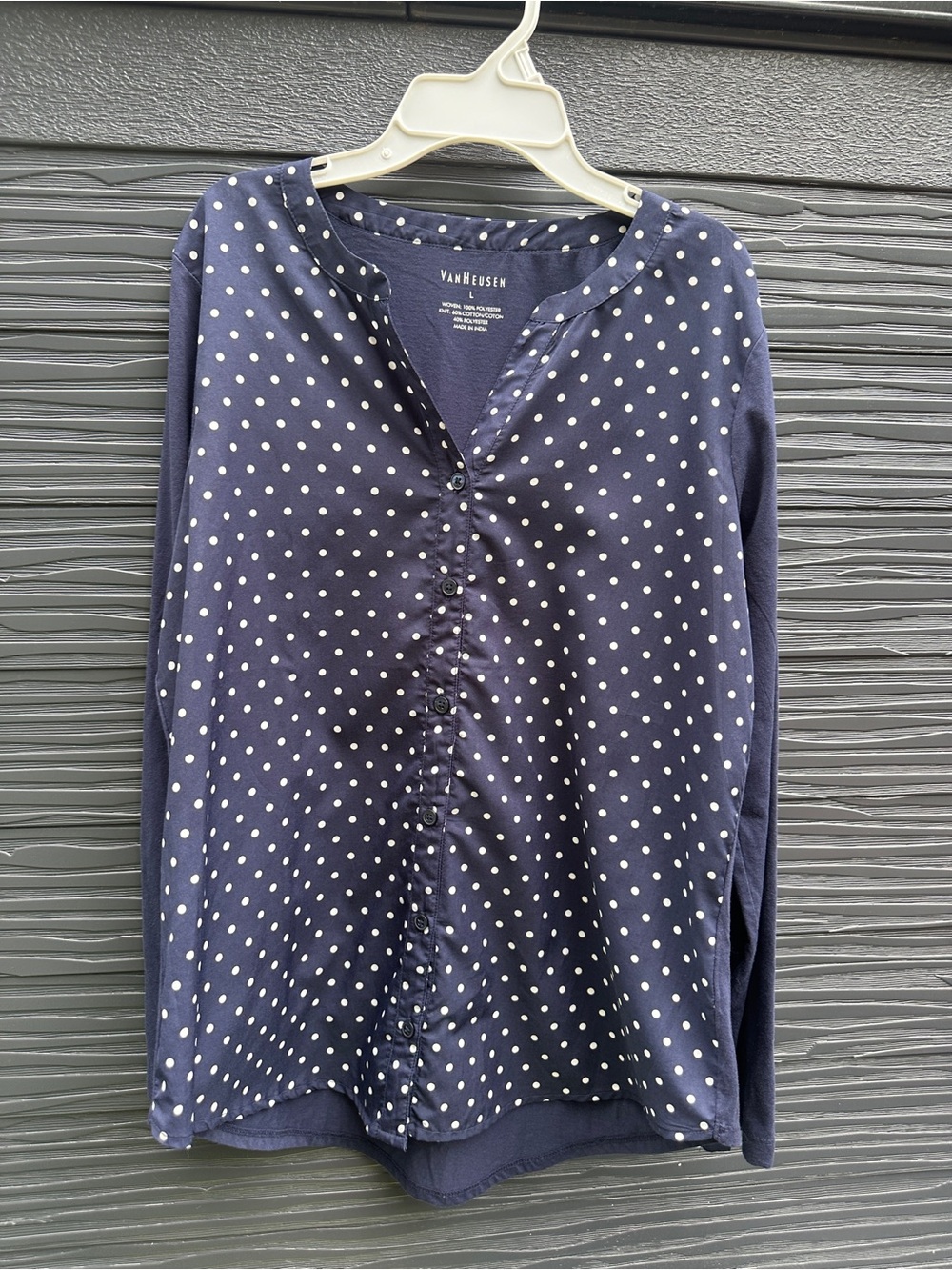 Van Heusen Navy Polka Dot Mixed Media Henley Blouse Top Large